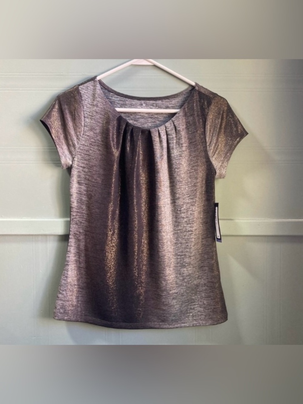 Metallic Pewter Short-Sleeve Pleated Women's Top